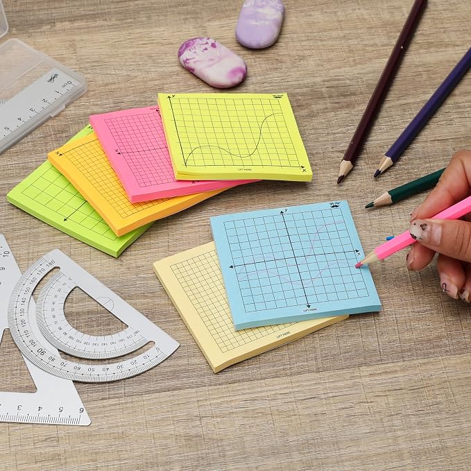 Mr. Pen- Graph Sticky Notes, 3x3 Inch, 6 Pads, 50 Sheets/Pad, 300 Sheets | 6 Grid Designs, Bright Colors, Square Graph Paper Notes, Grid Sticky Note Pads for Math, Study, Journals, Planners