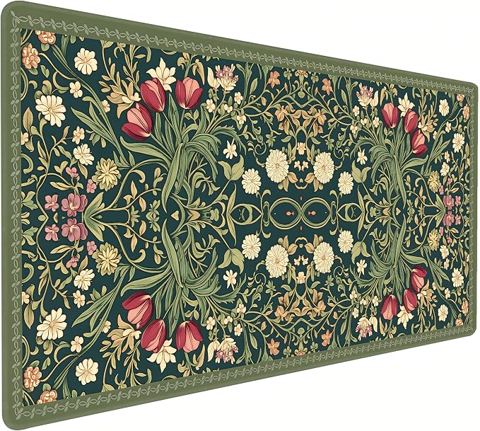 Cute Floral Aesthetic Dahlia Gaming Mouse Pad, Dark Green Rug Desk Mat with Anti-Slip Base & Stitched Edges, Office & Home Desk Decor for Women, 35.4" x 15.7" in Computer Desktop Mat