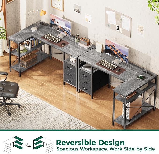 Huuger L Shaped Office Desk with Power Outlets & 3 Drawers | 47 Inch Computer Desk with Shelves, for Gaming, Corner Work, Home Office, Study, Grey