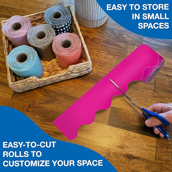 Carson Dellosa Education 65Ft of Hot Pink Bulletin Board Borders, 1 Roll of Scalloped Trim for Rolling Whiteboard, Cork and Posterboard, Valentines Day Decorations, Party, and Classroom Decor