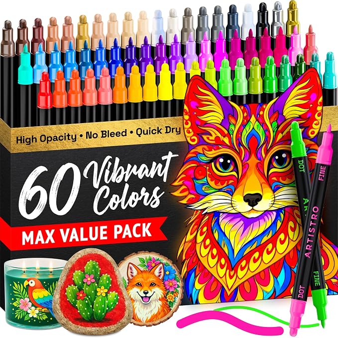 ARTISTRO Precision Dual-Tip Acrylic Paint Marker Pens - Set of 60 | For Fabric, Rock, Glass, Wood, & Coloring Books, Arts & Crafts Gift, Classroom Must Haves & School Supplies (Dot & Fine Tips)