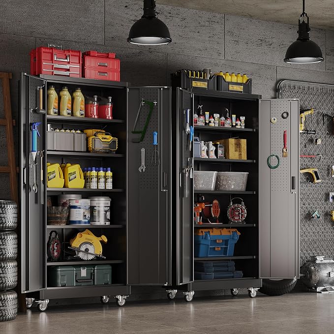 71" Metal Storage Cabinet with Wheels, Pegboard, Lock, 5 Shelves | Locking steel cabinet with wheels, two inside-door pegboards and 5 shelves for garage, workshop or office; assembly required.