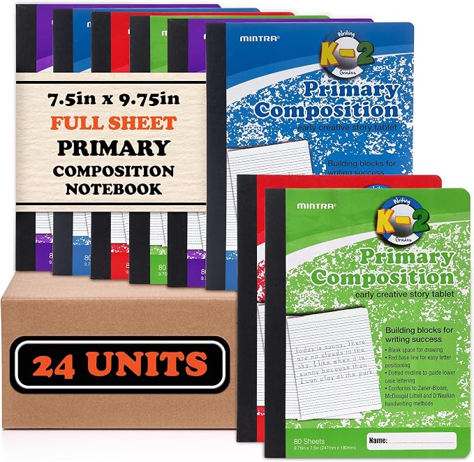 Mintra Primary Composition Notebook, 24 units 6-4 Pack, Assorted Colors, 80 Sheets, 7.5in x 9.75in, Full Sheet, Ruled with Drawing Area, Flexible Hardcover Journal, Grades K-2, School & Home Use