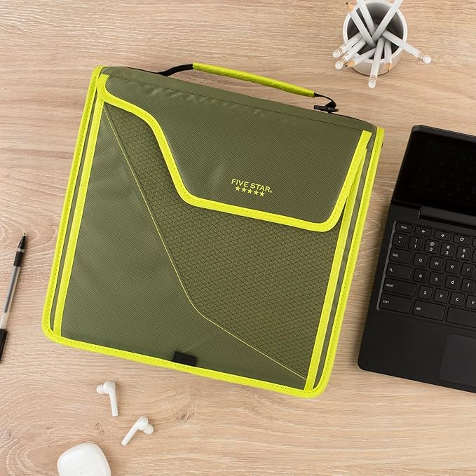 Five Star Zipper Binder, 3 Inch 3-Ring Binder with D Rings, Removable Padded Case, 5-Tab Expanding File and Multi-Use Strap, 850 Sheet Capacity, Olive/Citrus (292960C)