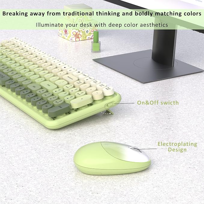 UBOTIE Wireless Keyboards and Mouse Combo (Green Gradient) | Colorful Gradient Rainbow Color Retro Typewriter Flexible Keyboard, 2.4GHz Connection and Optical Mouse for PC Wins Mac