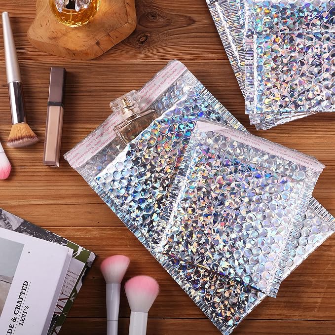 50 Pieces Bubble Mailers 3 Sizes Self Seal Adhesive Poly Mailers Metallic Foil Glitter Padded Shipping Bubble Envelopes for Valentine Mailing Packing Small Business(Glitter Silver)