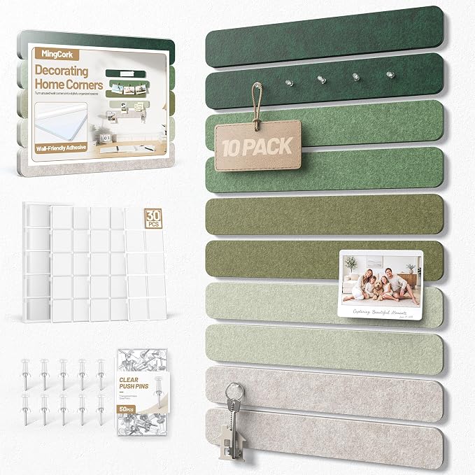10 Pack 13"x2" Cork Board Strip with Removable Adhesive Squares & Push Pins | Pin Board Alternative Felt Strip Bulletin Board, Felt Board for Photo & Note Display, Home Office Decor - Nordic Moss