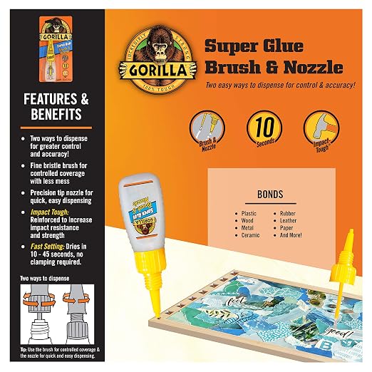 Gorilla Super Glue with Brush & Nozzle Applicator, 10 Gram, Clear, (Pack of 24)
