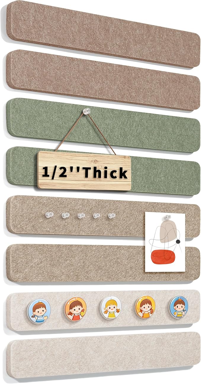 Small Cork Board Strip for Office, 1/2'' Corkboard Strips for Walls | Self Adhesive, Peel and Stick, Frameless, Renter Friendly, Removable, Wall Decor, 1700g/m² Dense Felt, 12*2'', 8Pcs, 50 Pins