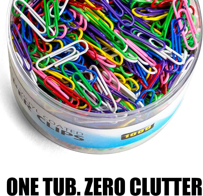 Officemate Vinyl Coated #2 Paper Clips, Assorted Colors, Tub of 1000 (97634)