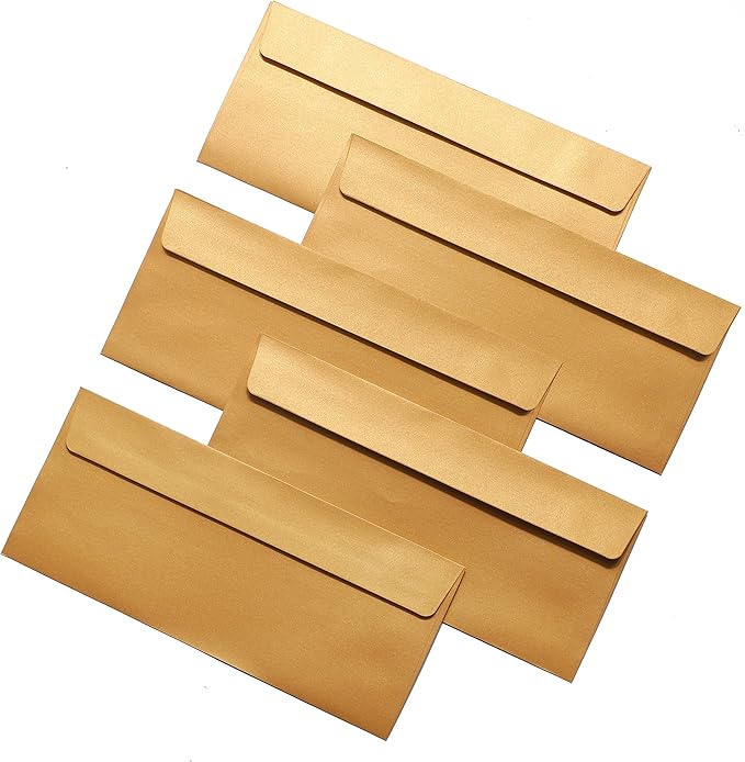 100 Pack Gold Metallic rectangle Envelopes, Printable Business Envelopes for Corporate Letters, Legal Documents, Checks, Letterhead and Invoices(9.5 x 4.1in) (Gold)