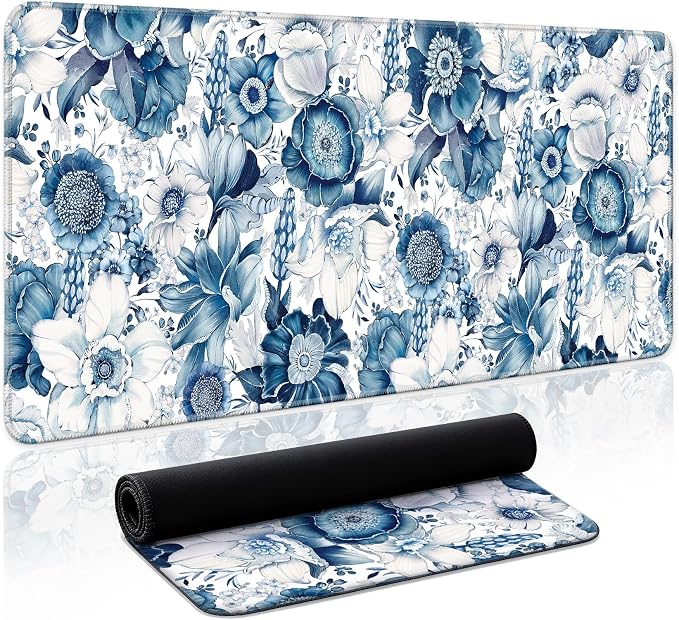 Aesthetic Desk Mat, Cute Blue Floral Desk Pad Protector for Work & Decor, 35.4" x 15.7", Pretty Non-Slip Extended Mouse Pad for Office or Home