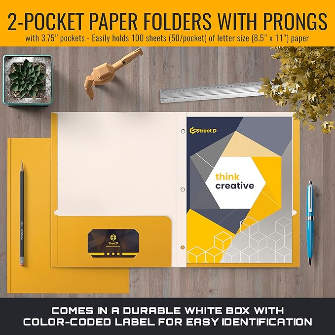 Better Office Products Dark Yellow 2 Pocket Folders with Prongs, 50 Pack, Letter Size, Matte Texture, 8.5 x 11 Inch
