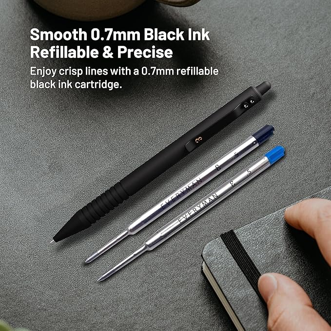 Everyman Black Super Matte Grafton Pen & Refill Set | Refillable Metal 0.7mm Gel Pen with 3 Smooth Black Ink Refills | Premium EDC Writing Tool for Office, Work, Travel & Gifting