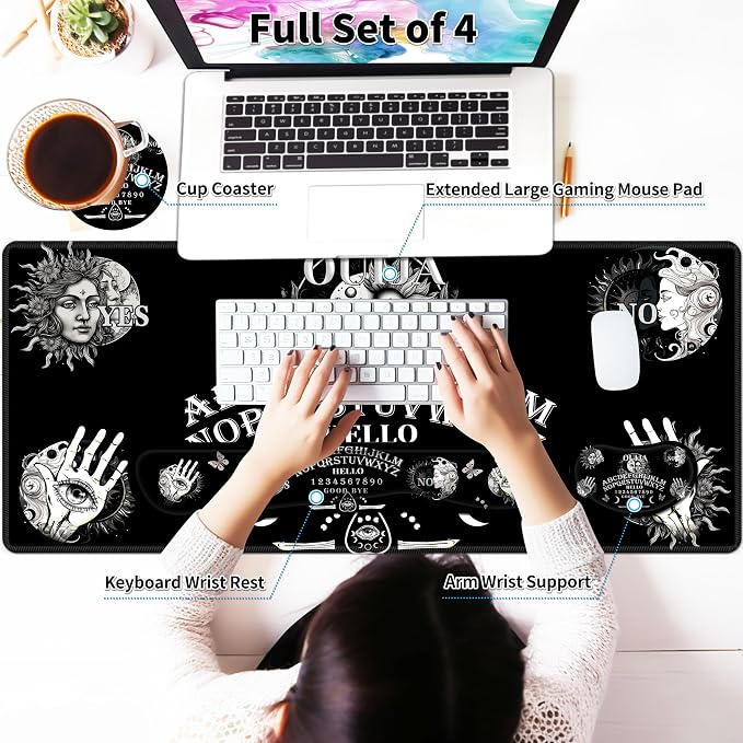 Large Gaming Mouse Pad Set 35.4 x 15.7 with Keyboard Wrist Rest, Wrist Support, and Coaster Memory Foam Smooth Desk Pad Mousepad for Home Office School - Ouija Board
