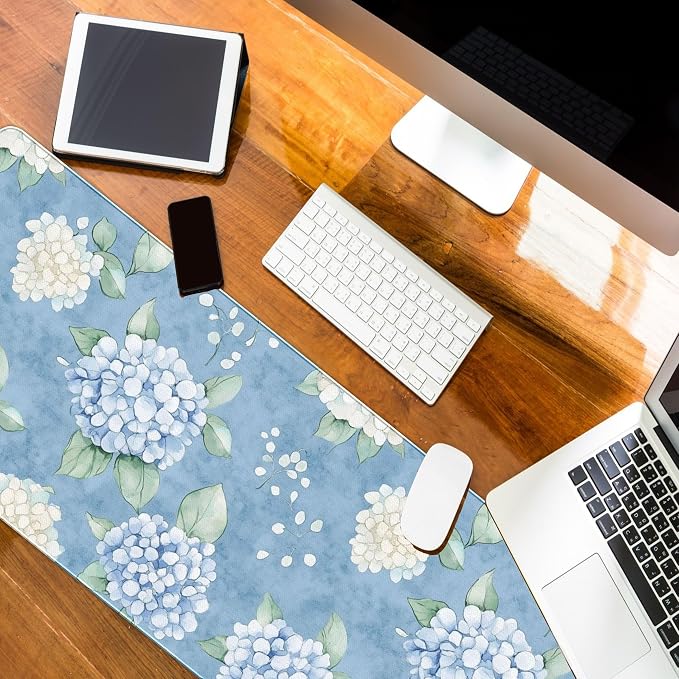 Hydrangea Desk Mat, Blue and White Flroal Mouse Pad, 31.5x11.8