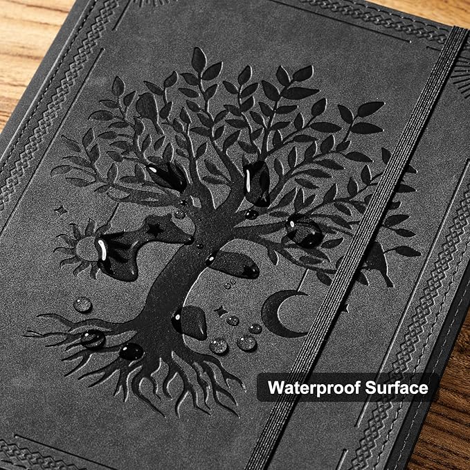 PU Leather A5 Binder 6 Ring Refillable Journal Cover No Refill Paper A5 Planner Binder Loose Leaf Binder for Notebook 5.7”x8.3” with Elastic Closure, Black Tree