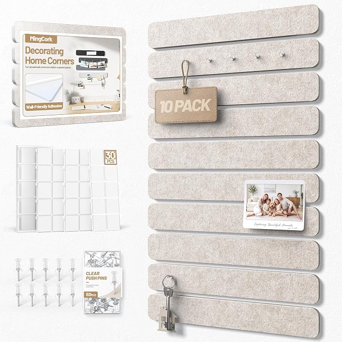 10 Pack 13"x2" Cork Board Strip with Removable Adhesive Squares & Push Pins | Pin Board Alternative Felt Strip Bulletin Board, Felt Board for Photo & Note Display, Home Office Decor - Oatmeal