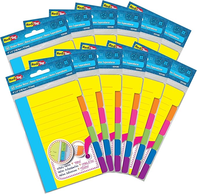 Redi-Tag Divider Sticky Notes, Tabbed Self-Stick Lined Notepads, 720 Ruled Notes, 4" x 6", 12 Books Per Pack, Assorted Colors (B29512)