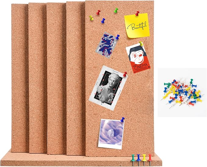 SUNGIFT 17 x 8 Inch Cork Bulletin Board 6 Pack, 1/2" Thick for Office/Home | Frameless Cork Tiles for School, Self-Adhesive Corkboards Wall Decor , 50 PCS Pushpins Included