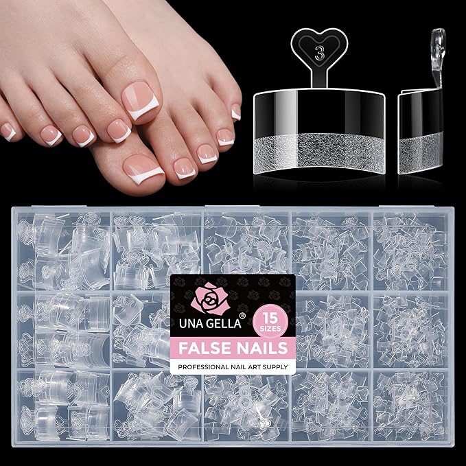 UNA GELLA Half Cover Square Toe Nail Tips For Big Wider Toe, 510Pcs 15Sizes Soft Gel Pre-etched Fake Toenails Press On Nails For Nail Extensions Home DIY Nail Salon