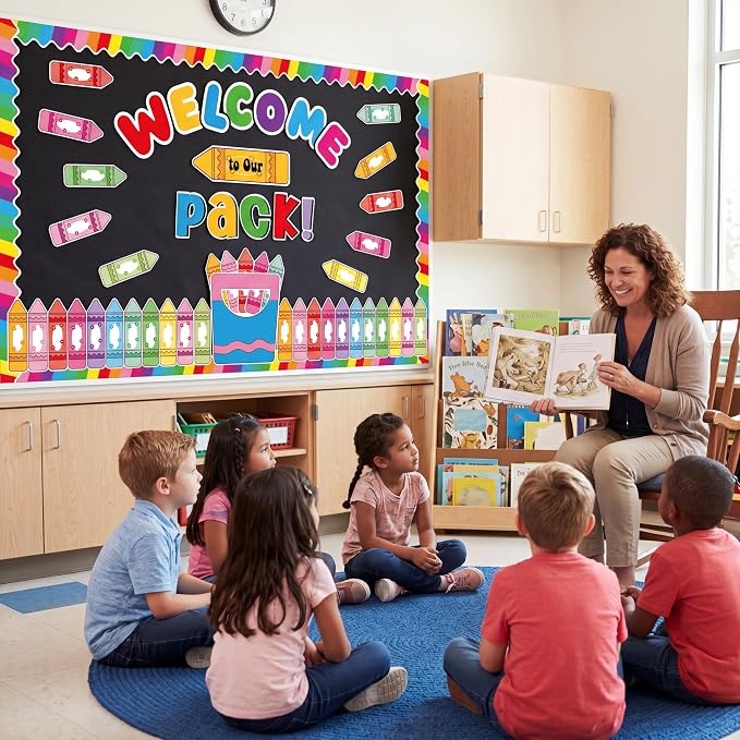 Welcome Back to School Bulletin Board Set Colorful Crayon Theme Classroom Decorations Welcome to Our Pack Bulletin Board Crayons Name Tags Cutout for School Office Chalkboard Wall Decor