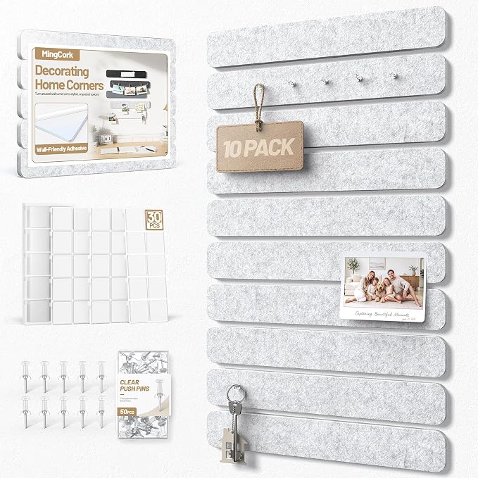 10 Pack 13"x2" Cork Board Strip with Removable Adhesive Squares & Push Pins | Pin Board Alternative Felt Strip Bulletin Board, Felt Board for Photo & Note Display, Home Office Decor - Gray