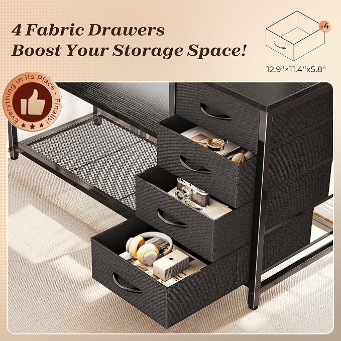 53" L Shaped Desk with Power Outlets & 4 Drawers | Reversible Computer Desk with 2 Storage Shelves, Large Corner Office Desk for Gaming Writing Work Study, Black