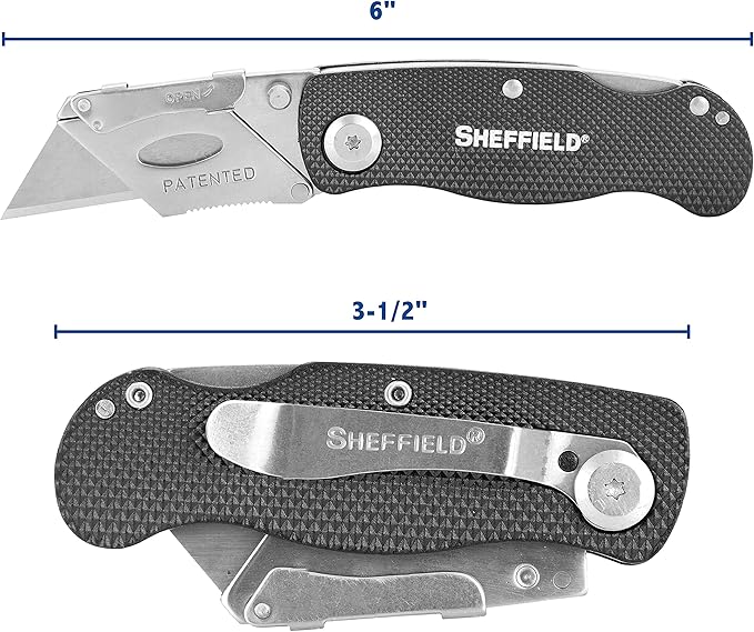 Sheffield Folding Utility Knife, Accepts Standard Utility Knife Blades, Box Cutter Aluminum Handle, Razor Blades Included, For Home, Office, Trades, and Warehouse