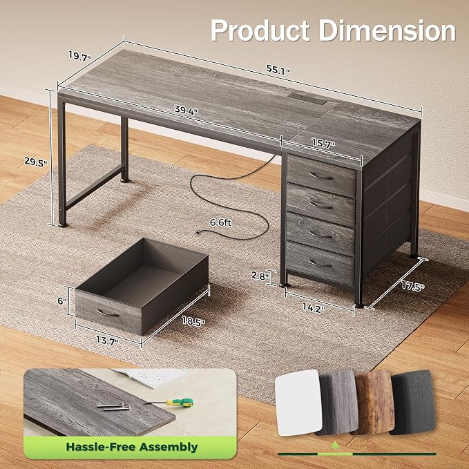 55.1 Inch Computer Office Desk with Power Outelts and USB-C Port, Reversible Gaming Desk with 4 Fabric Drawers, Work Study Desk Work from Home, Grey