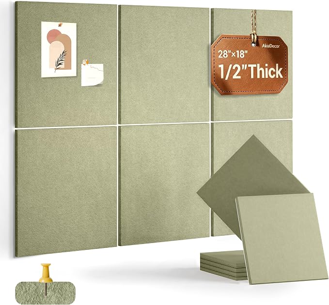28" x 18" Felt Bulletin Board Tiles 1/2" Thick, Sage Green | 6 Pack Felt Tiles, Large Cork Board Alternative, 30 Adhesive Tabs, Pin Board for Home Office Decor with Easy Install