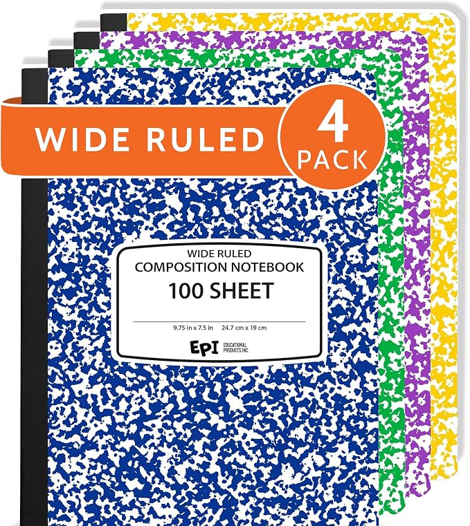 4 Pack - EPI Wide Ruled Composition Notebook Assorted Marble Colors - 200 Pages (100 Sheets), 9-3/4 x 7-½ - Classroom Back to School Supplies, Heavy Duty, Durable Hardcover Office Notebooks, Sewn