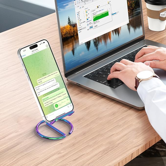 Metal Cell Phone Stand for Desk, Cute One-Piece Phone Holder, Stable Desktop Display Dock for iPhone, iPad, Samsung, Tablets & All Mobile Phones, Colorful