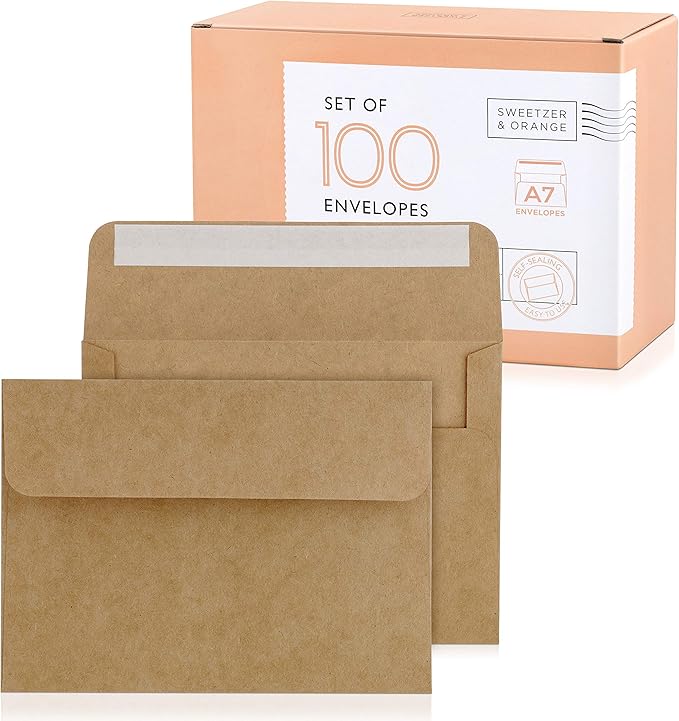 Sweetzer & Orange A7 Brown Self Seal Envelopes, 100 Pack, 5x7 Inches(True 5.25 x 7.25 in.), Kraft 150gsm, Blank Envelopes for Invitations, Wedding, and Mailing