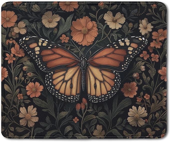 Moody Floral Butterfly Mouse Pad, Dark Contemporary Botanical Butterfly Mouse Pads Mousepad for Desk Home Office Dorm Laptop, Gothic Nature Desk Accessories, 9.5x7.9 Inch
