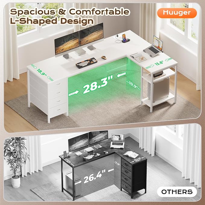 Huuger 55 Inch L Shaped Desk with Fabric Drawers, Reversible Computer Gaming Desk with Power Outlets and USB-C Port, Adjustable Side Storage Shelves, for Work Corner Home Office, White