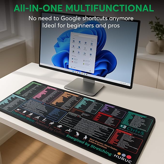 Excel Cheat Sheet Desk Pad – XL Excel Mouse Pad Shortcuts 35.5"x15.7", Waterproof Non-Slip Desk Mat with Shortcut Keys & Formulas, HD Print, Stitched Edges for Work & Gaming