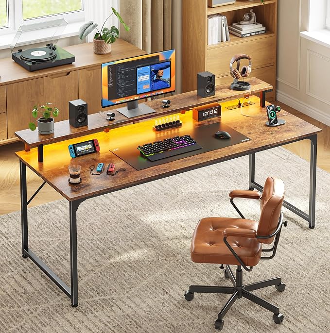 55 inch Gaming Desk, LED & Outlets, Monitor Stand, Rustic Brown | Sturdy PC Desk for Home Office, Study & Work, LED Lights, 4 AC Outlets & USB-C Charging Station