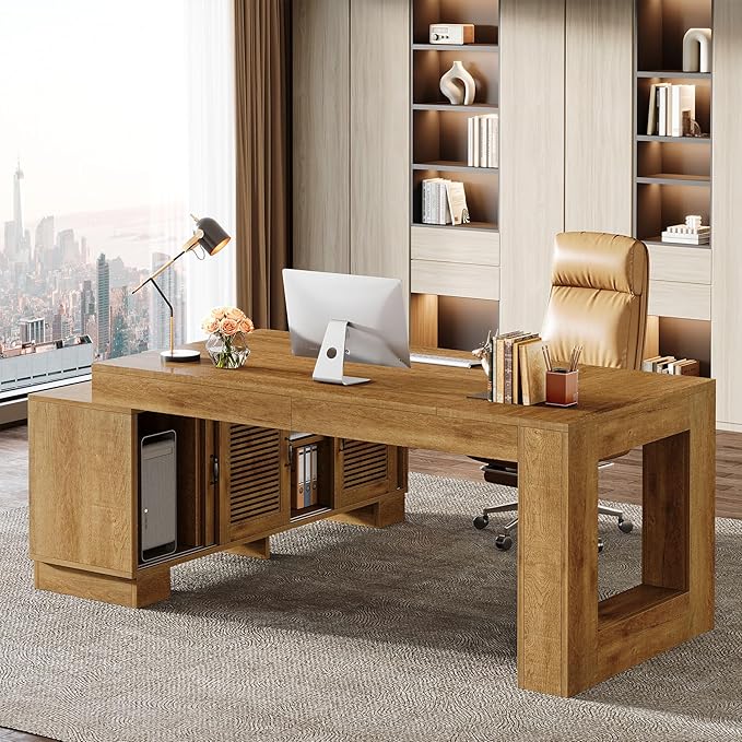 Tribesigns L Shaped Executive Desk with Storage Cabinets and 2-Tier Shelf, 78-Inch Simple Modern Business Furniture Large Computer Writing Table Workstation for Home Office, Dark Brown