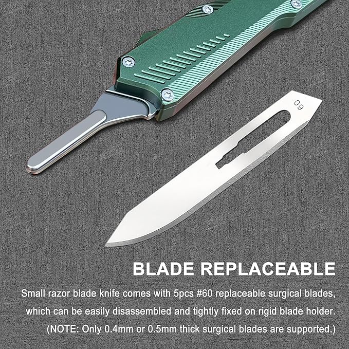 Self Retracting Utility Knife, Out The Front Knife Automatic, EDC Folding Scalpel Pocket Knife, 5PCS #60 Double Action Auto Retractable Cutting Blade, Retractable Razor Blades Boxcutter