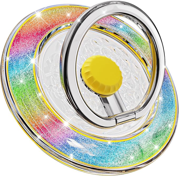 Magnetic Phone Ring Holder for MagSafe, Glitter Magnet Finger Ring Grip Stand Holder, Fit for iPhone 17 16 15 14 13 12, Pro, Pro Max, Plus, Mag Safe Accessories, Yellow-Colorful
