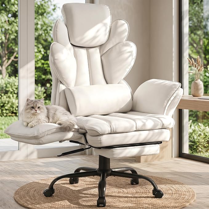 Flip Armrests Criss Cross Office Chair, Reclining Office Chair with Foot Rest, Adjustable Headrest, Massage Waist Pillow, Cross Legged Big and Tall Desk Chair Wide Seat Vanity Chair, White PU Leather