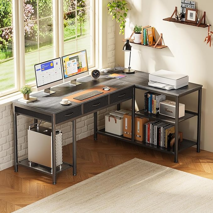 55 Inch L Shaped Office Desk with Power Outlets and Type-C Port, Large Computer Gaming Desk with 3 Fabric Drawers, Mesh Shelves, Corner Study Work Writing Desk, Grey