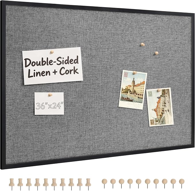 SELEAD Double-Sided Linen and Cork Bulletin Board (36"x24", Grey) | 2-in-1 Fabric Linen & Cork Pin Board, White Wood Frame Wall Decor Photo Display Vision Board for Home Family, Office, School