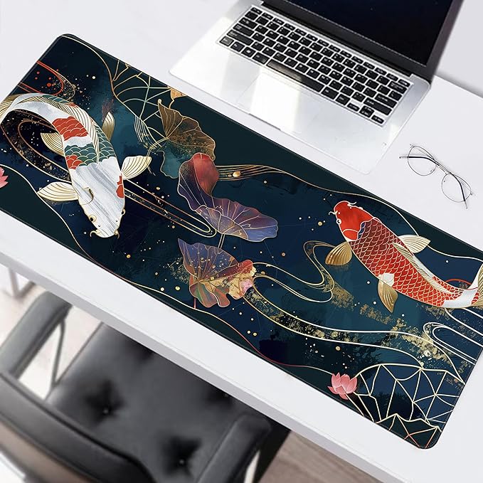 Long Gaming Mouse Pad Extended Anime Large Desk Pad with Non-Slip Base Full Keyboard Mat with Stitched Edges for Gaming and Office 31.5 x 11.8 inches (koi)