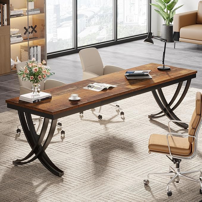 Tribesigns 2 Person Office Computer Desk, 78.7-Inch Extra Long Desk, Large Double Desk for Two People, Workstation Work Desk for Home Office with Stylish Legs (Brown)