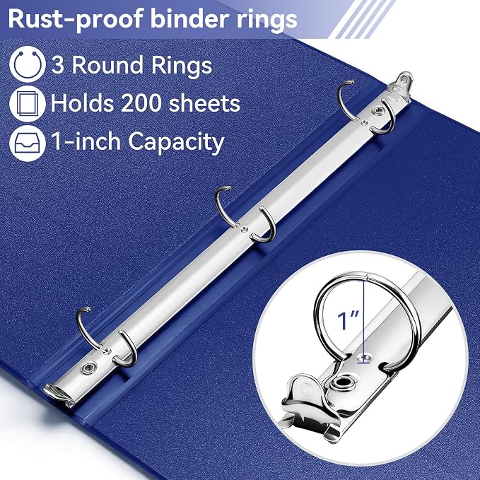 SUIN 1 Inch 3 Ring Binder, Clear 1'' View Presentation Binders with 2 Pockets, Fits 8.5 x 11 Letter Size, Durable Polypropylene, Non-Stick & PVC-Free for School, Office & Home (Navy Blue)