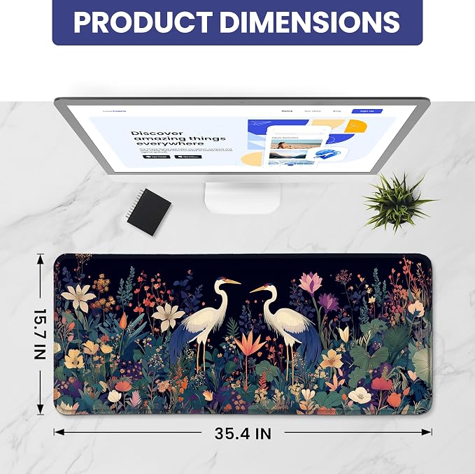 Aesthetic Desk Mat, Cute Midnight Cranes Desk Pad Protector for Work & Decor, 35.4" x 15.7", Pretty Non-Slip Extended Mouse Pad for Office or Home