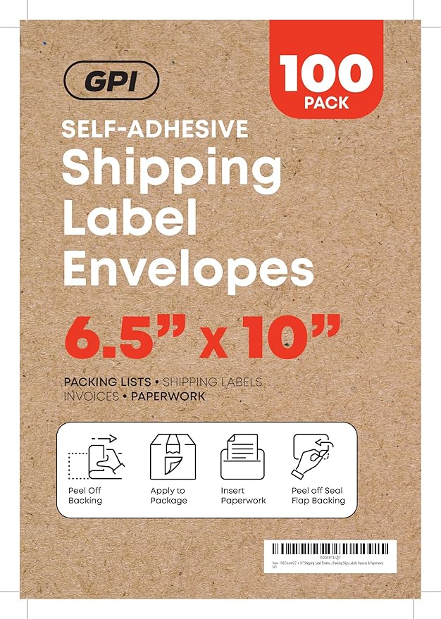 1000 Count 6.5" x 10" Shipping Label Envelopes, Clear Packing List Pouches with Self-Adhesive Back, Top Loading for Shipping Labels Sleeves, for Packing Slips, Labels Invoices & Paperwork. GPI