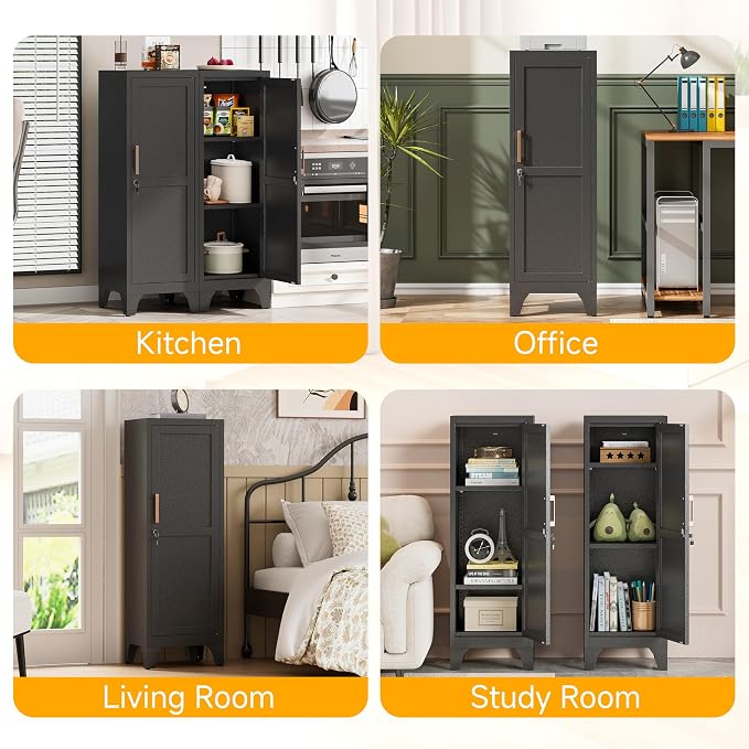 46"H Black Metal Locker Set of 2,Small Locking Cabinet with 1 Door and 2 Adjustable Shelves For Employees,3 Tier Small Storage Cabinet with Detachable Legs for Kitchen, Office,School,Gym,Easy Assembly